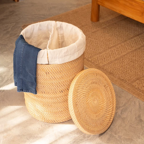Rattan Woven Laundry Basket With Liner and Wheels Options - Coastal Villa Homeware